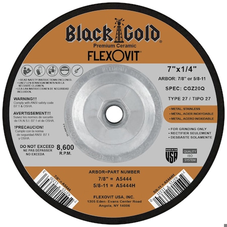 Flexovit Flexon Heavy Duty Depressed Center Wheel, 7 in Dia x 1/4 in THK, ZA20Q Grit, Zirconia Alumina Abrasi A5444H